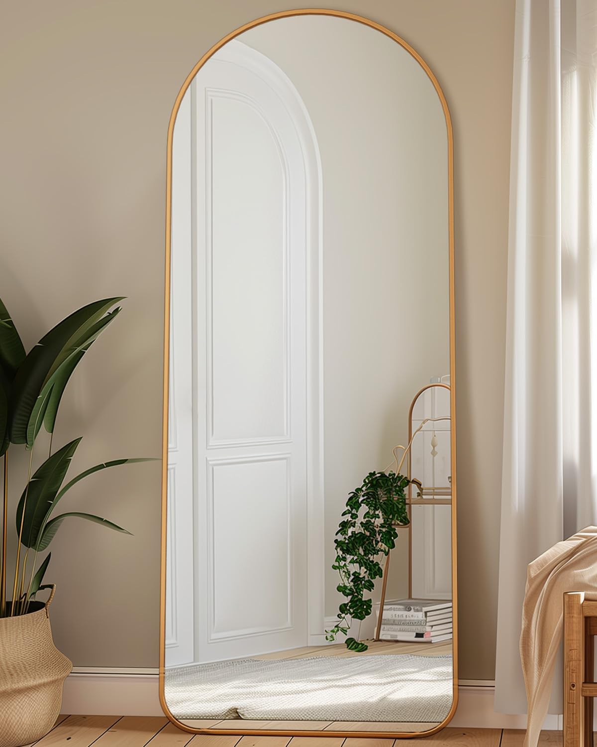 Antok Full Length Mirror, 56x15 Floor Mirror with Stand, Hanging Mounted Mirrors for Bedroom, Living Room, Cloakroom, Dining Room, Gold, Arch